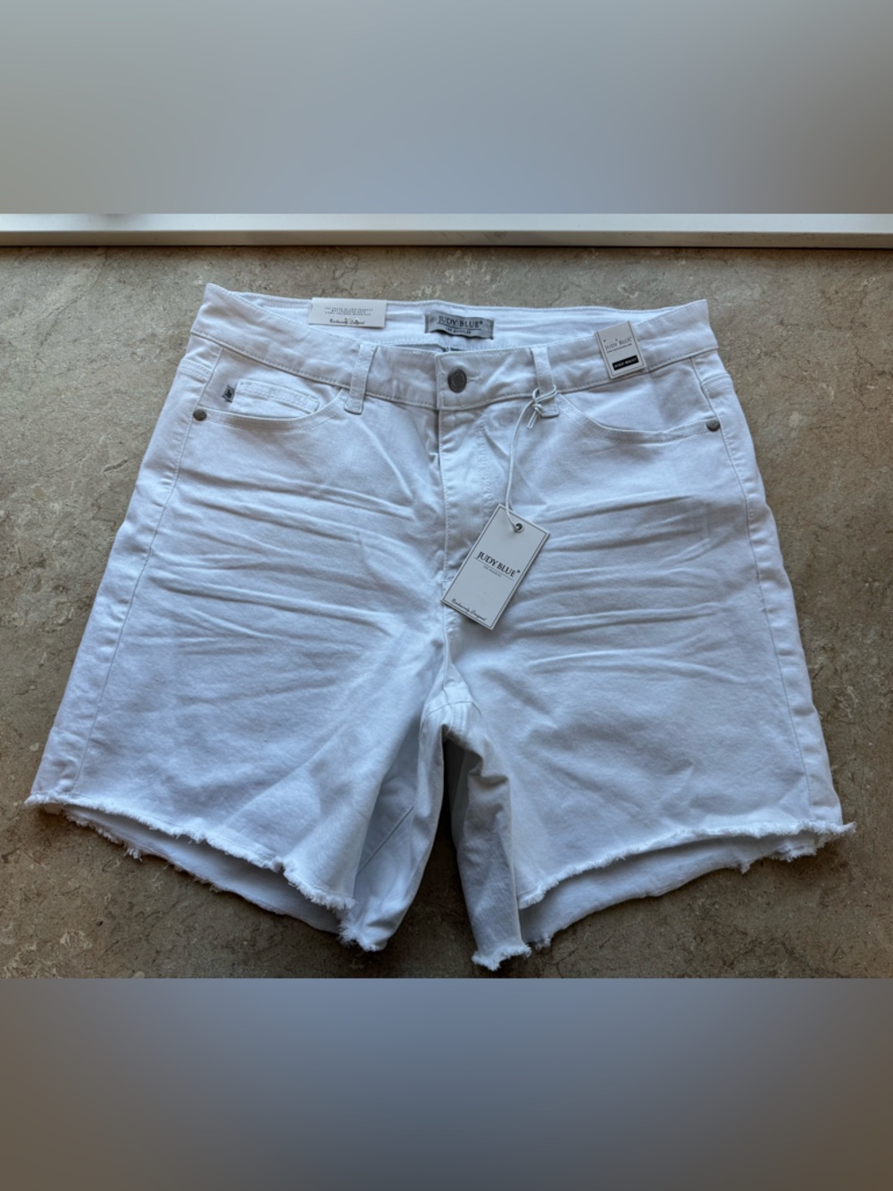 NWT Judy Blue White High Waist Denim Distressed Hem Shorts, Size 1XL